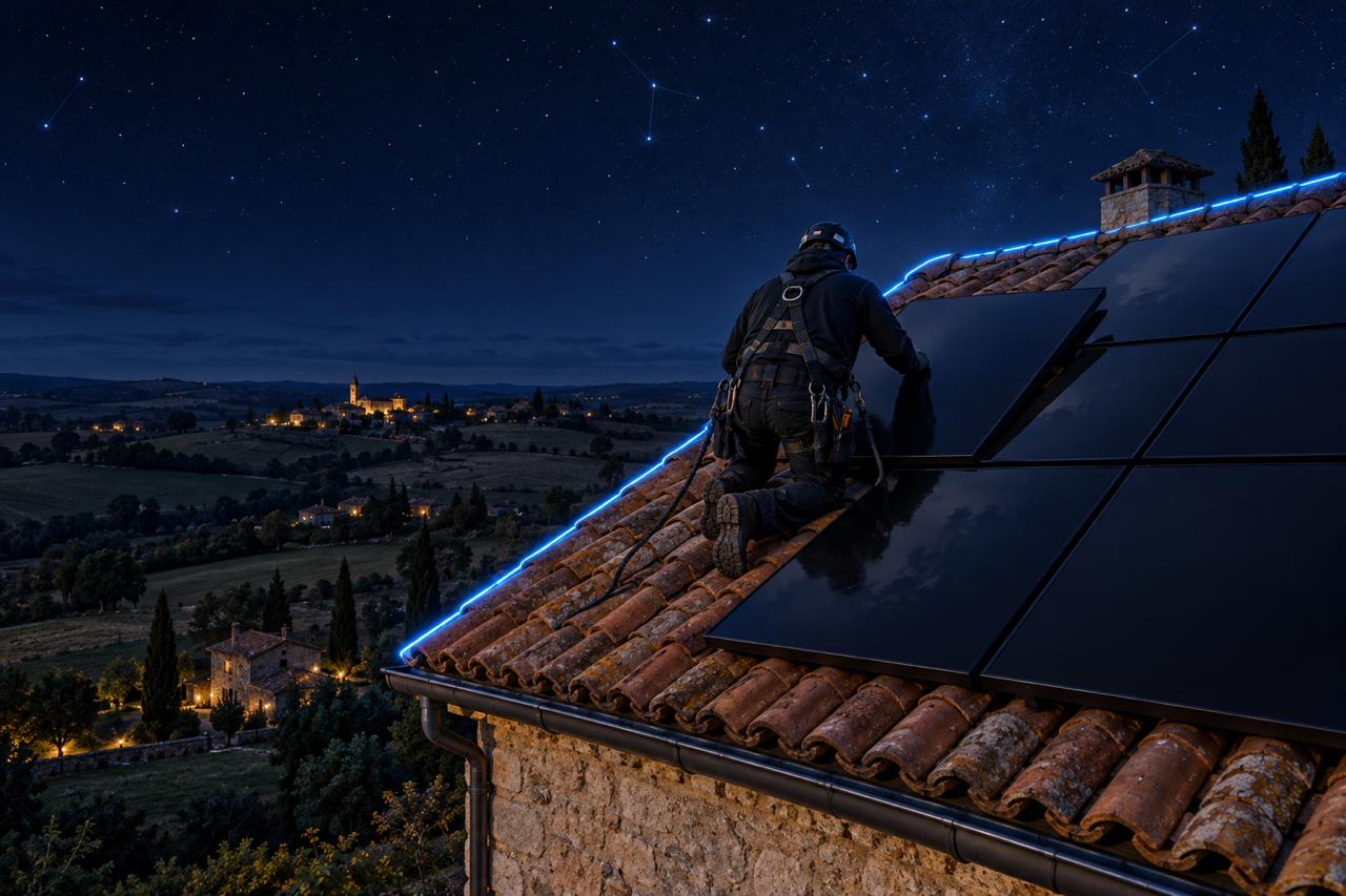 Installation nocturne de panneaux solaires par Photon Solaris sur un toit en tuiles à Fleurance sous un ciel étoilé