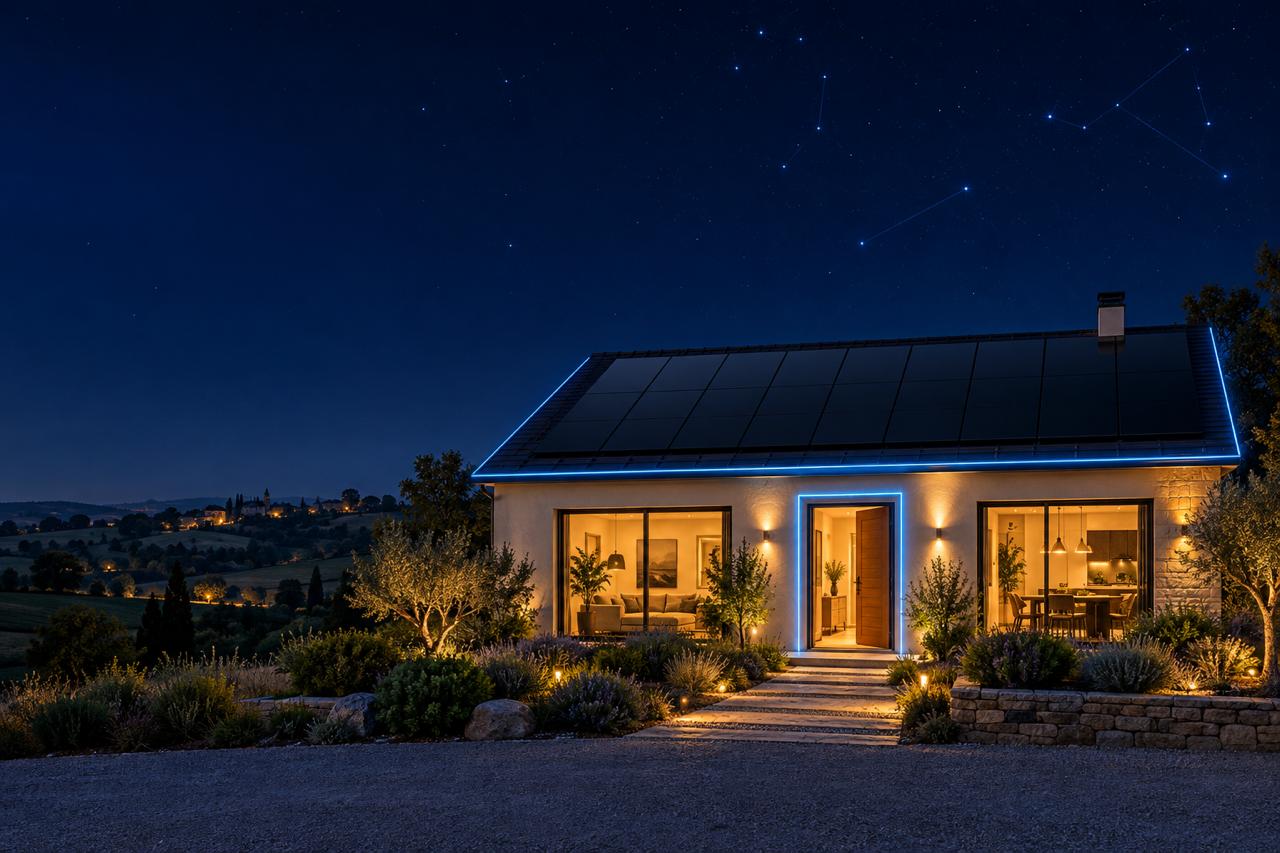 Maison moderne nocturne avec panneaux solaires Photon Solaris dans un paysage calme à Fleurance