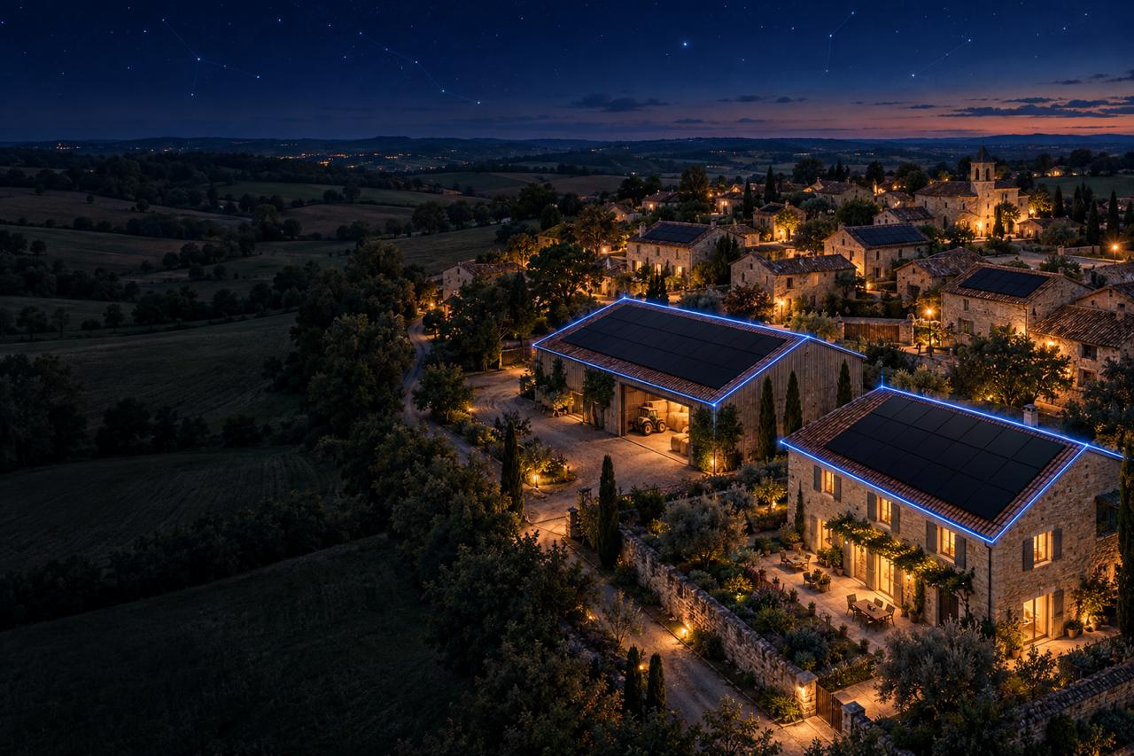 Village nocturne à Fleurance avec toits solaires et guirlandes lumineuses par Photon Solaris