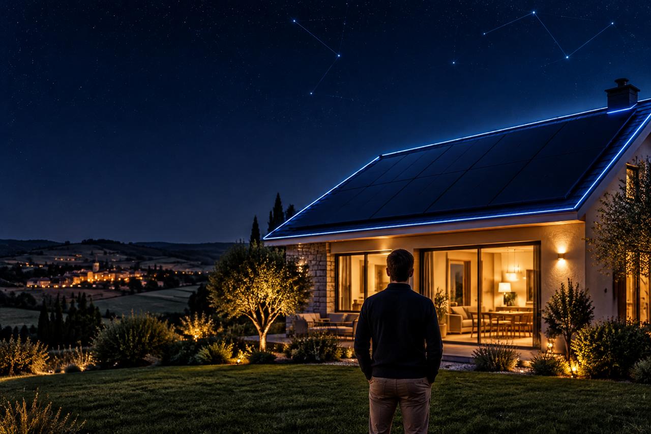 Maison moderne solaire Photon Solaris à Fleurance, jardin lumineux écoresponsable sous un ciel étoilé