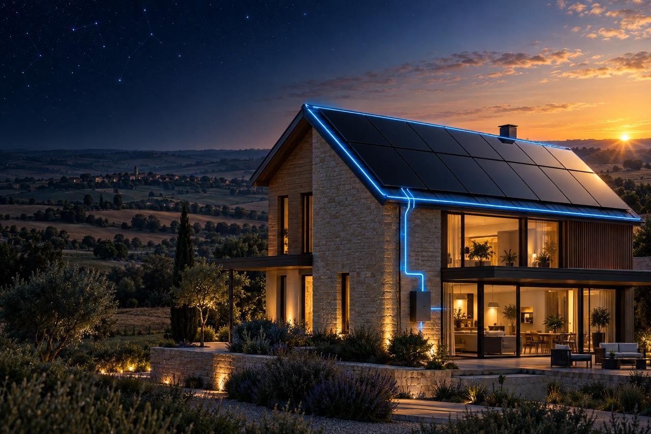 Maison solaire moderne Photon Solaris à Fleurance avec toit photovoltaïque et éclairage nocturne