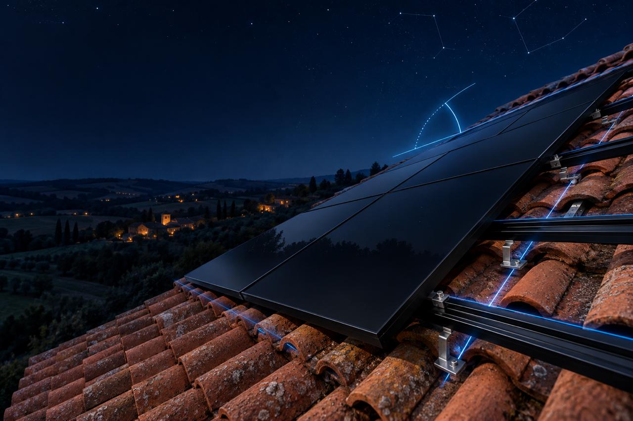 Panneaux solaires nocturnes Photon Solaris sur toit en tuiles à Fleurance sous ciel étoilé