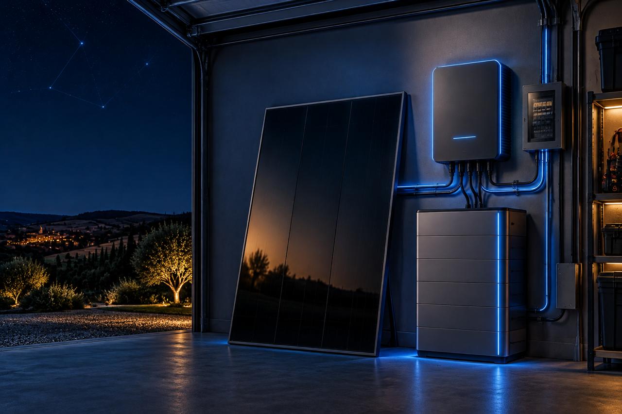 Installation solaire et batteries domestiques high-tech Photon Solaris dans un garage moderne à Fleurance